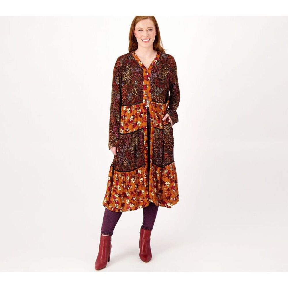 LOGO by Lori Goldstein Multi-Print Long Cardigan Coat in Burgundy & Mustard